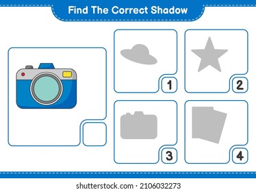 Find the correct shadow. Find and match the correct shadow of Camera. Educational children game, printable worksheet, vector illustration