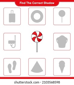 Find the correct shadow. Find and match the correct shadow of Candy. Educational children game, printable worksheet, vector illustration
