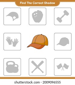 Find the correct shadow. Find and match the correct shadow of Cap Hat. Educational children game, printable worksheet, vector illustration