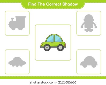 Encuentra la sombra correcta. Buscar y coincidir con la sombra correcta del coche. Juego infantil educativo, hoja de cálculo imprimible, ilustración vectorial