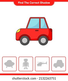 Finden Sie den richtigen Schatten. Finden Sie den richtigen Schatten des Autos und passen Sie ihn an. Kinderspiel, druckbares Arbeitsblatt, Vektorgrafik