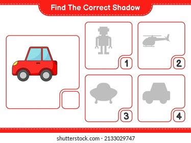Finden Sie den richtigen Schatten. Finden Sie den richtigen Schatten des Autos und passen Sie ihn an. Kinderspiel, druckbares Arbeitsblatt, Vektorgrafik