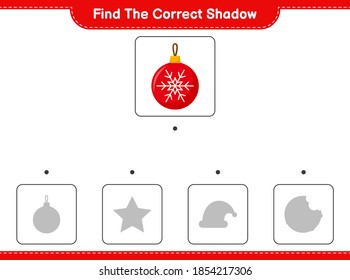 Find the correct shadow. Find and match the correct shadow of Christmas Balls. Educational children game, printable worksheet, vector illustration