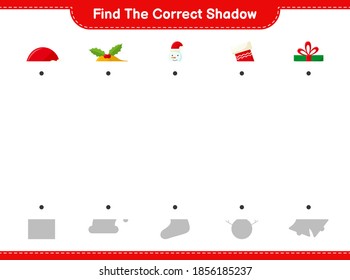 Find the correct shadow. Find and match the correct shadow of Christmas Decoration. Educational children game, printable worksheet, vector illustration