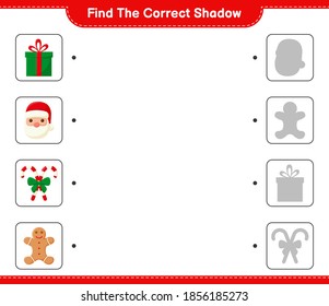 Find the correct shadow. Find and match the correct shadow of Christmas Decoration. Educational children game, printable worksheet, vector illustration