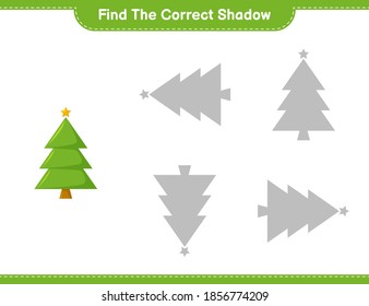 Find the correct shadow. Find and match the correct shadow of Christmas Tree. Educational children game, printable worksheet, vector illustration