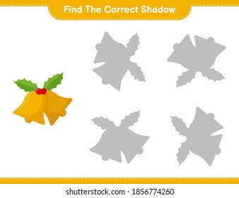 Find the correct shadow. Find and match the correct shadow of Christmas Bell. Educational children game, printable worksheet, vector illustration