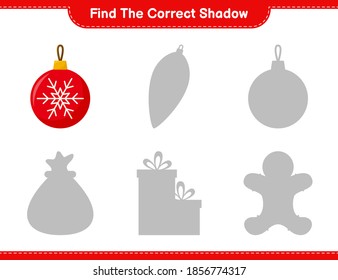Find the correct shadow. Find and match the correct shadow of Christmas Balls. Educational children game, printable worksheet, vector illustration