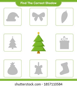 Find the correct shadow. Find and match the correct shadow of Christmas Tree. Educational children game, printable worksheet, vector illustration