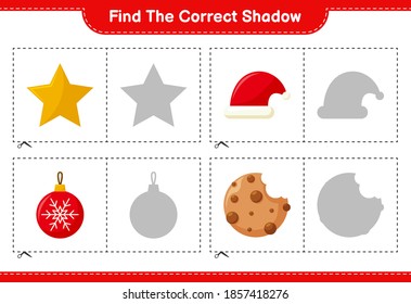 Encuentra la sombra correcta. Encuentra y concuerda con la sombra correcta de la Decoración de Navidad. Juego infantil educativo, hoja de cálculo imprimible, ilustración vectorial