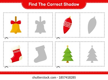 Find the correct shadow. Find and match the correct shadow of Christmas Decoration. Educational children game, printable worksheet, vector illustration