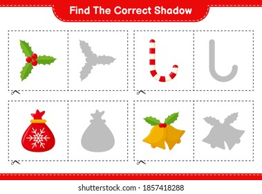 Find the correct shadow. Find and match the correct shadow of Christmas Decoration. Educational children game, printable worksheet, vector illustration