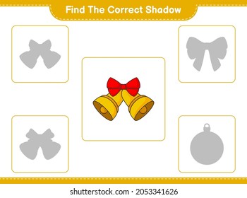 Find the correct shadow. Find and match the correct shadow of Christmas Bell. Educational children game, printable worksheet, vector illustration