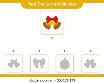 Encuentra la sombra correcta. Encuentra y coincide con la sombra correcta de la Campana de Navidad. Juego infantil educativo, hoja de cálculo imprimible, ilustración vectorial