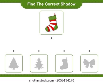 Find the correct shadow. Find and match the correct shadow of Christmas Sock. Educational children game, printable worksheet, vector illustration