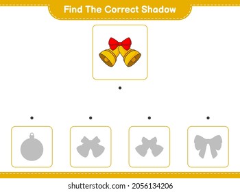 Find the correct shadow. Find and match the correct shadow of Christmas Bell. Educational children game, printable worksheet, vector illustration