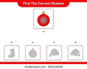 Find the correct shadow. Find and match the correct shadow of Christmas Ball. Educational children game, printable worksheet, vector illustration