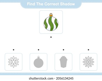 Encuentra la sombra correcta. Encuentra y coincide con la sombra correcta de la bola de Navidad. Juego infantil educativo, hoja de cálculo imprimible, ilustración vectorial