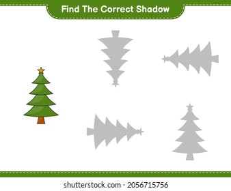 Find the correct shadow. Find and match the correct shadow of Christmas Tree. Educational children game, printable worksheet, vector illustration