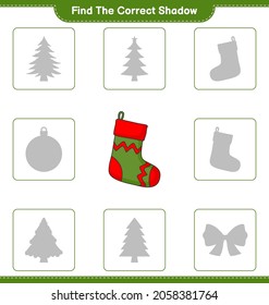 Finden Sie den richtigen Schatten. Finden Sie den richtigen Schatten von Weihnachtssock und passen Sie ihn an. Kinderspiel, druckbares Arbeitsblatt, Vektorgrafik