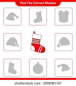 Encuentra la sombra correcta. Encuentra y coincide con la sombra correcta del muelle de Navidad. Juego infantil educativo, hoja de cálculo imprimible, ilustración vectorial