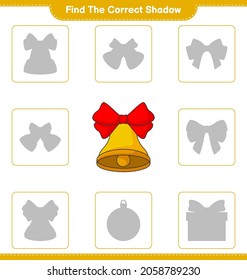 Find the correct shadow. Find and match the correct shadow of Christmas Bell. Educational children game, printable worksheet, vector illustration