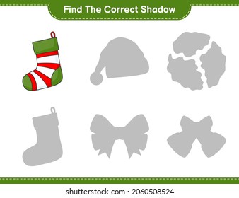 Encuentra la sombra correcta. Encuentra y coincide con la sombra correcta del muelle de Navidad. Juego infantil educativo, hoja de cálculo imprimible, ilustración vectorial