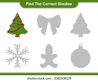Find the correct shadow. Find and match the correct shadow of Christmas Tree. Educational children game, printable worksheet, vector illustration