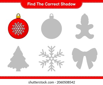 Find the correct shadow. Find and match the correct shadow of Christmas Ball. Educational children game, printable worksheet, vector illustration