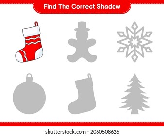 Find the correct shadow. Find and match the correct shadow of Christmas Sock. Educational children game, printable worksheet, vector illustration