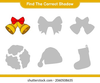 Encuentra la sombra correcta. Encuentra y coincide con la sombra correcta de la Campana de Navidad. Juego infantil educativo, hoja de cálculo imprimible, ilustración vectorial