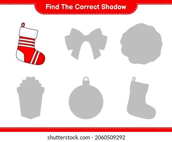 Find the correct shadow. Find and match the correct shadow of Christmas Sock. Educational children game, printable worksheet, vector illustration