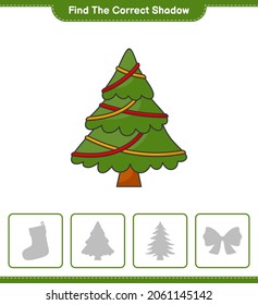 Finden Sie den richtigen Schatten. Finden Sie den richtigen Schatten des Weihnachtsbaumes und passen Sie ihn an. Kinderspiel, druckbares Arbeitsblatt, Vektorgrafik