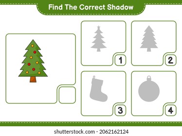 Find the correct shadow. Find and match the correct shadow of Christmas Tree. Educational children game, printable worksheet, vector illustration