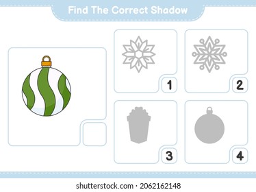 Find the correct shadow. Find and match the correct shadow of Christmas Ball. Educational children game, printable worksheet, vector illustration