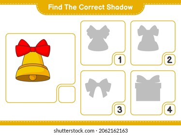 Encuentra la sombra correcta. Encuentra y coincide con la sombra correcta de la Campana de Navidad. Juego infantil educativo, hoja de cálculo imprimible, ilustración vectorial