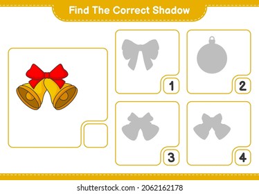 Find the correct shadow. Find and match the correct shadow of Christmas Bell. Educational children game, printable worksheet, vector illustration