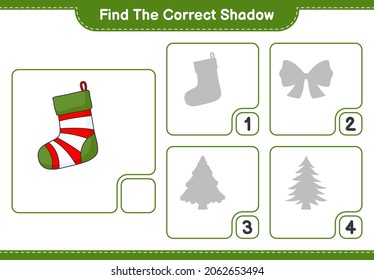 Encuentra la sombra correcta. Encuentra y coincide con la sombra correcta del muelle de Navidad. Juego infantil educativo, hoja de cálculo imprimible, ilustración vectorial