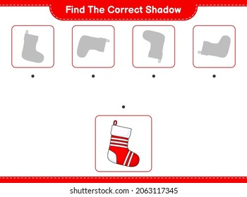 Find the correct shadow. Find and match the correct shadow of Christmas Sock. Educational children game, printable worksheet, vector illustration