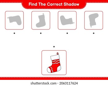 Find the correct shadow. Find and match the correct shadow of Christmas Sock. Educational children game, printable worksheet, vector illustration