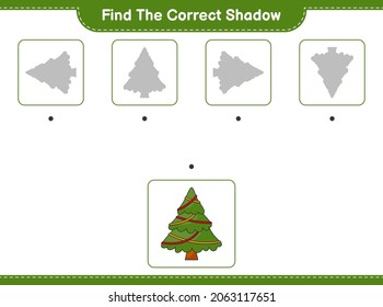 Find the correct shadow. Find and match the correct shadow of Christmas Tree. Educational children game, printable worksheet, vector illustration