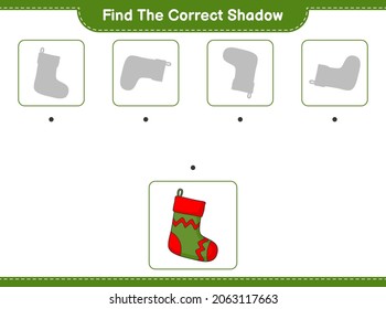 Encuentra la sombra correcta. Encuentra y coincide con la sombra correcta del muelle de Navidad. Juego infantil educativo, hoja de cálculo imprimible, ilustración vectorial