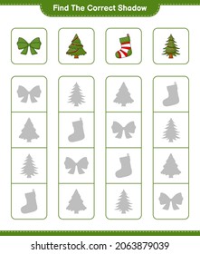 Find the correct shadow. Find and match the correct shadow of Christmas Tree, Ribbon, and Christmas Sock. Educational children game, printable worksheet, vector illustration