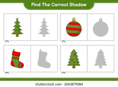 Find the correct shadow. Find and match the correct shadow of Christmas Tree, Christmas Ball, and Christmas Sock. Educational children game, printable worksheet, vector illustration