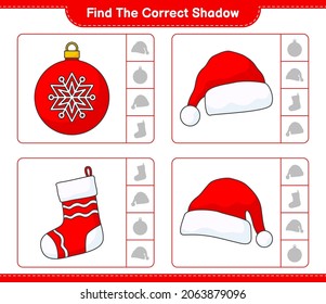 Find the correct shadow. Find and match the correct shadow of Christmas Ball, Santa Hat, and Christmas Sock. Educational children game, printable worksheet, vector illustration