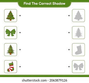 Find the correct shadow. Find and match the correct shadow of Christmas Tree, Ribbon, and Christmas Sock. Educational children game, printable worksheet, vector illustration