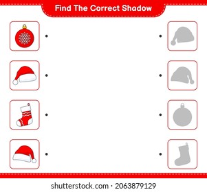 Encuentra la sombra correcta. Encuentra y concuerda con la sombra correcta de la pelota de Navidad, Sombrero de Papá Noel y el muelle de Navidad. Juego infantil educativo, hoja de cálculo imprimible, ilustración vectorial