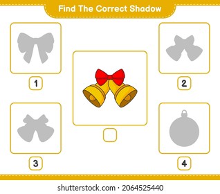 Encuentra la sombra correcta. Encuentra y coincide con la sombra correcta de la Campana de Navidad. Juego infantil educativo, hoja de cálculo imprimible, ilustración vectorial