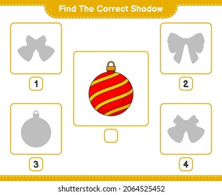 Find the correct shadow. Find and match the correct shadow of Christmas Ball. Educational children game, printable worksheet, vector illustration