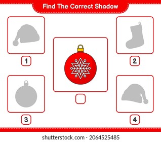 Finden Sie den richtigen Schatten. Finden Sie und passen Sie den richtigen Schatten des Weihnachtsballs an. Kinderspiel, druckbares Arbeitsblatt, Vektorgrafik